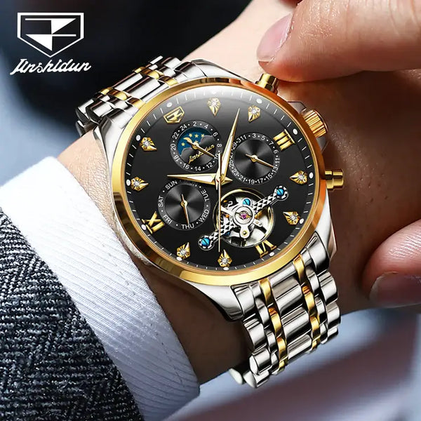 JSDUN 8932 Men's Luxury Automatic Mechanical Luminous Moon Phase Watch - Model Picture Two Tone Black