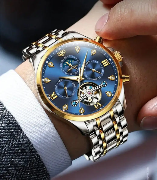 JSDUN 8932 Men's Luxury Automatic Mechanical Luminous Moon Phase Watch - Model Picture Two Tone Blue