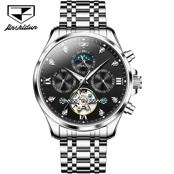 JSDUN 8932 Men's Luxury Automatic Mechanical Luminous Moon Phase Watch - Silver Black Face