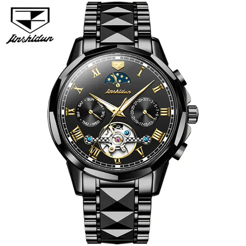 JSDUN 8937 Men's Luxury Automatic Mechanical Luminous Moon Phase Watch - Full Black