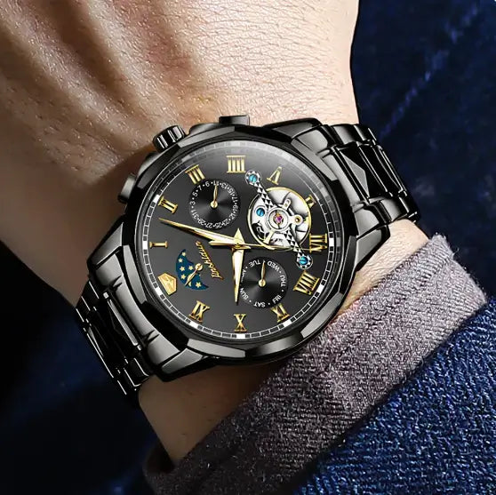 JSDUN 8937 Men's Luxury Automatic Mechanical Luminous Moon Phase Watch - Model Picture Full Black