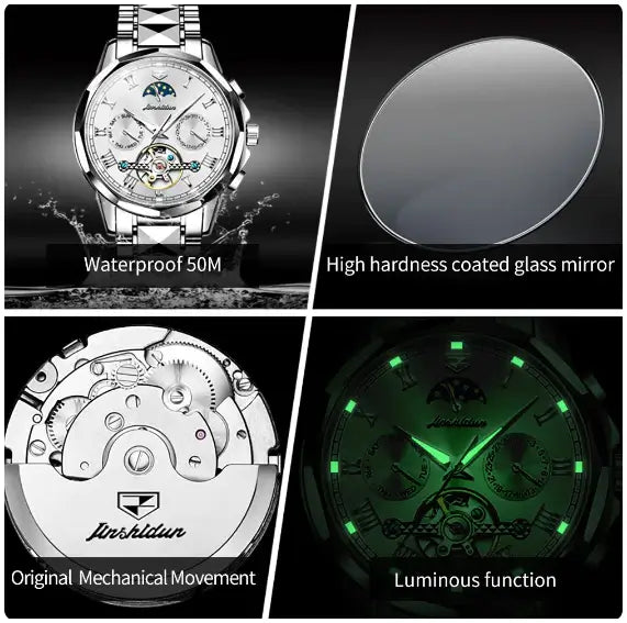 JSDUN 8937 Men's Luxury Automatic Mechanical Luminous Moon Phase Watch - Multiple Features