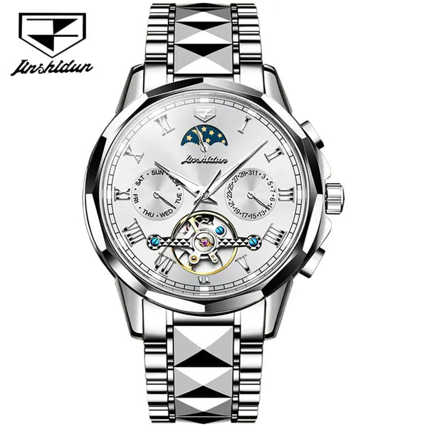 JSDUN 8937 Men's Luxury Automatic Mechanical Luminous Moon Phase Watch - Silver White Face