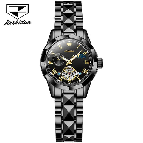 JSDUN 8937 Women's Luxury Automatic Mechanical Luminous Moon Phase Watch - Full Black