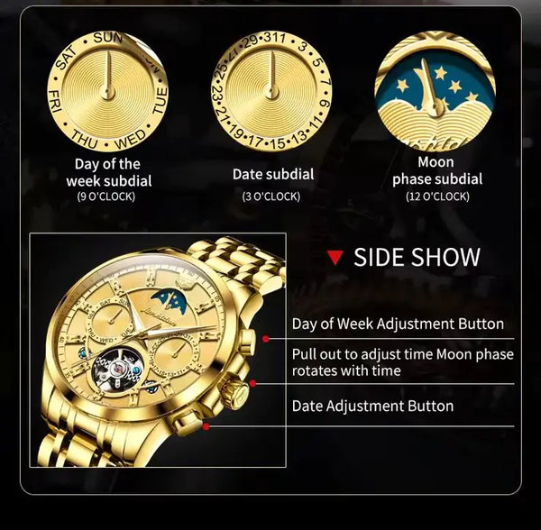 JSDUN 8945 Men's Luxury Automatic Mechanical Luminous Moon Phase Watch - Features