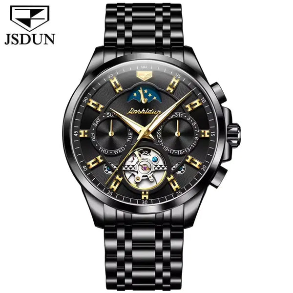 JSDUN 8945 Men's Luxury Automatic Mechanical Luminous Moon Phase Watch - Full Black
