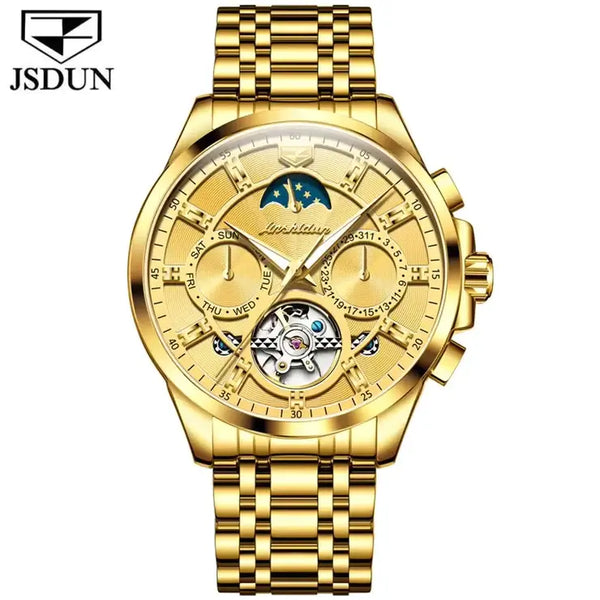 JSDUN 8945 Men's Luxury Automatic Mechanical Luminous Moon Phase Watch - Full Gold
