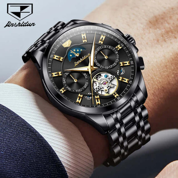 JSDUN 8945 Men's Luxury Automatic Mechanical Luminous Moon Phase Watch - Model Picture Full Black