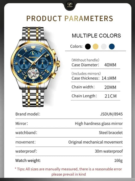 JSDUN 8945 Men's Luxury Automatic Mechanical Luminous Moon Phase Watch - Specifications
