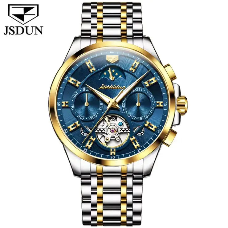 JSDUN 8945 Men's Luxury Automatic Mechanical Luminous Moon Phase Watch - Two Tone Blue Face
