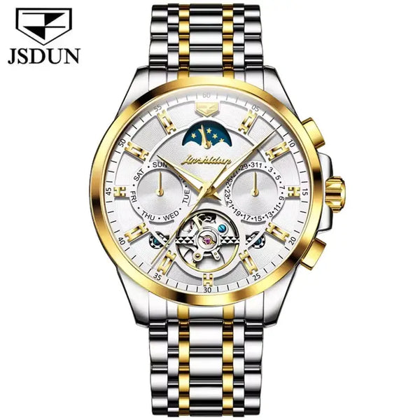 JSDUN 8945 Men's Luxury Automatic Mechanical Luminous Moon Phase Watch - Two Tone White Face