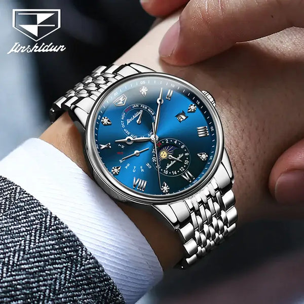 JSDUN 8946 Men's Luxury Automatic Mechanical Luminous Moon Phase Watch - Model Picture Silver Blue