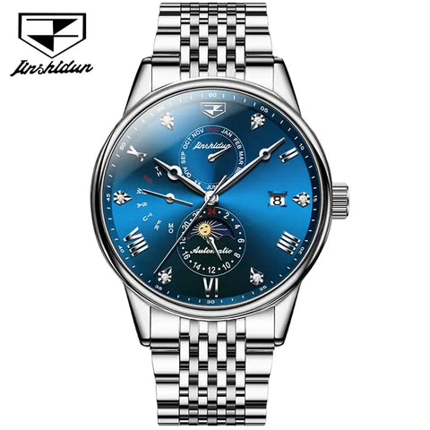 JSDUN 8946 Men's Luxury Automatic Mechanical Luminous Moon Phase Watch - Silver Blue Face
