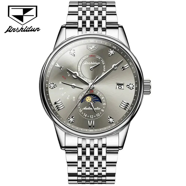 JSDUN 8946 Men's Luxury Automatic Mechanical Luminous Moon Phase Watch - Silver Gray Face