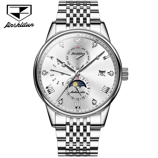 JSDUN 8946 Men's Luxury Automatic Mechanical Luminous Moon Phase Watch - Silver White Face