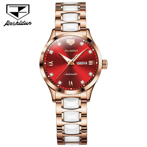 JSDUN 8947 Women's Luxury Automatic Mechanical Luminous Watch - Rose Gold Red Face