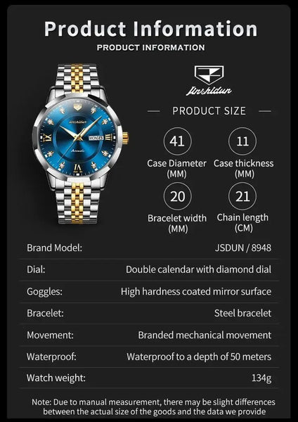 JSDUN 8948 Men's Luxury Automatic Mechanical Luminous Watch - Specifications