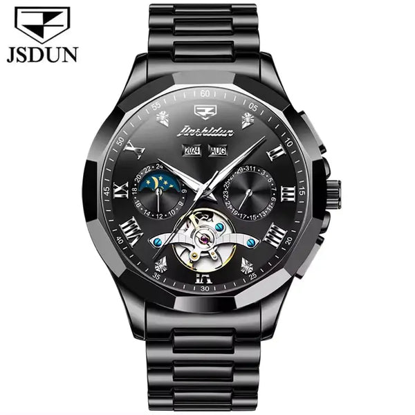 JSDUN 8949 Men's Luxury Automatic Mechanical Luminous Moon Phase Watch - Full Black