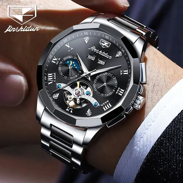 JSDUN 8949 Men's Luxury Automatic Mechanical Luminous Moon Phase Watch - Model Picture Silver Black