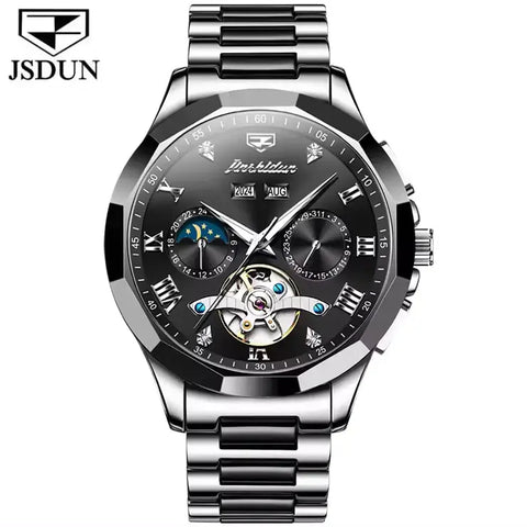 JSDUN 8949 Men's Luxury Automatic Mechanical Luminous Moon Phase Watch - Silver Black