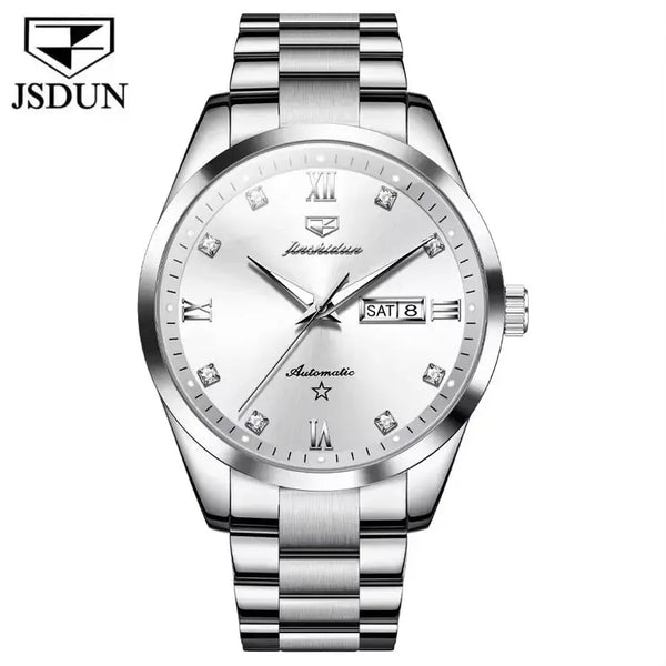 JSDUN 8963 Men's Luxury Automatic Mechanical Luminous Watch - Silver White Face