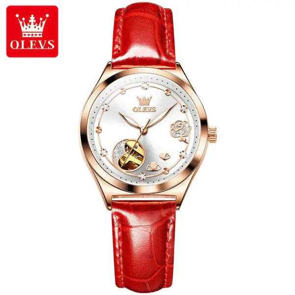 OLEVS 6601 Women's Luxury Automatic Mechanical Hollow Design Luminous Watch - White Face Red Leather Strap