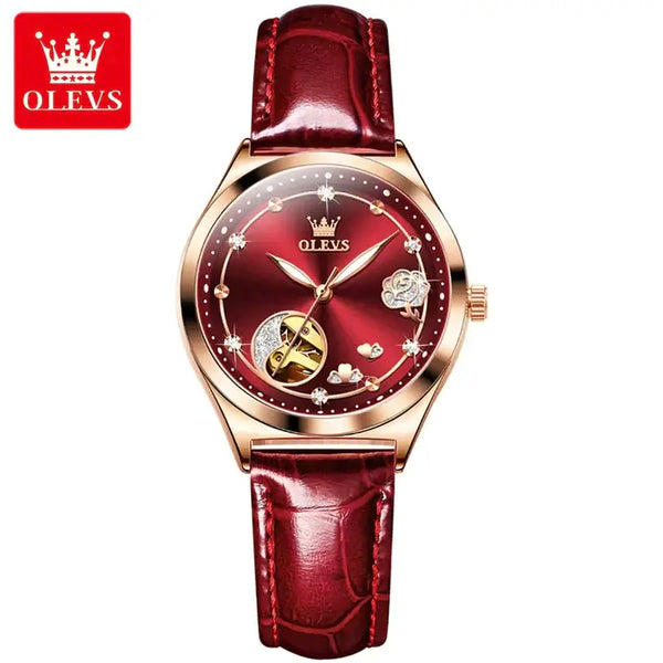 OLEVS 6601 Women's Luxury Automatic Mechanical Hollow Design Luminous Watch - Wine Red Face Wine Red Leather Strap