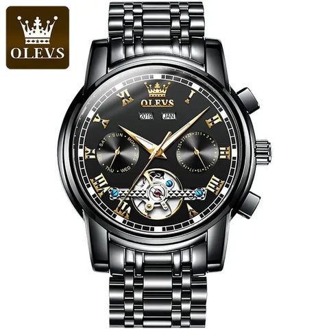 OLEVS 6607 Men's Luxury Automatic Mechanical Complete Calendar Luminous Watch - Full Black