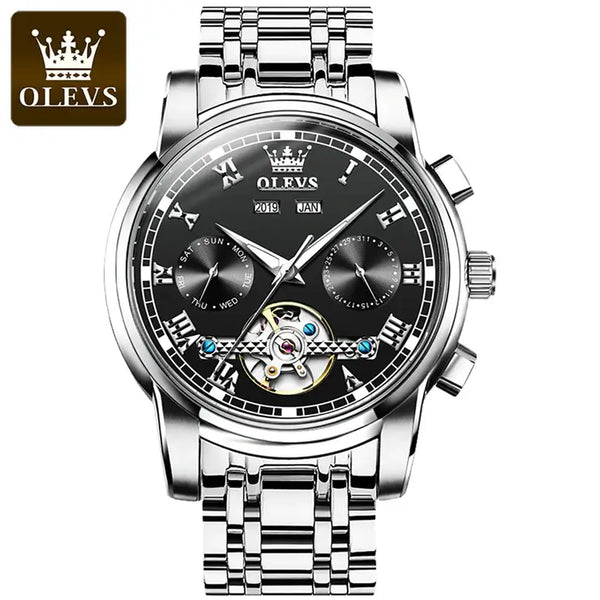 OLEVS 6607 Men's Luxury Automatic Mechanical Complete Calendar Luminous Watch - Silver Black Face