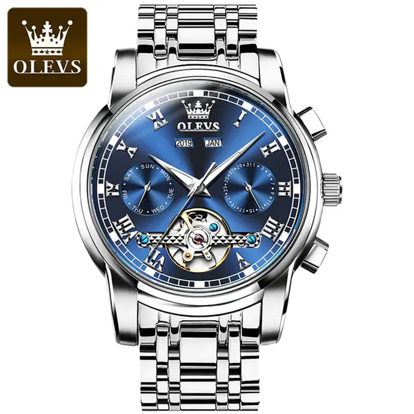 OLEVS 6607 Men's Luxury Automatic Mechanical Complete Calendar Luminous Watch - Silver Blue Face