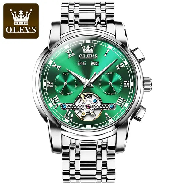 OLEVS 6607 Men's Luxury Automatic Mechanical Complete Calendar Luminous Watch - Silver Green Face