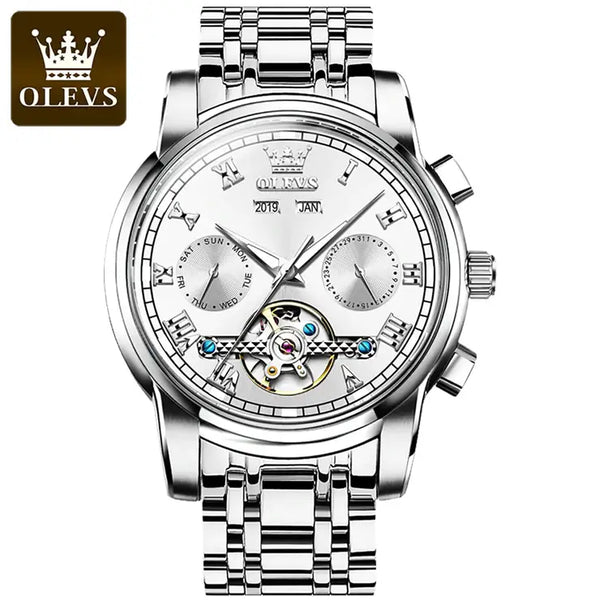 OLEVS 6607 Men's Luxury Automatic Mechanical Complete Calendar Luminous Watch - Silver White Face