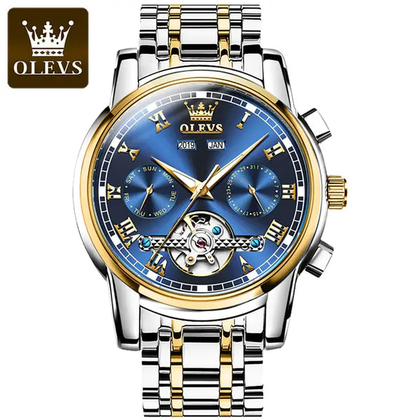 OLEVS 6607 Men's Luxury Automatic Mechanical Complete Calendar Luminous Watch - Two Tone Blue Face