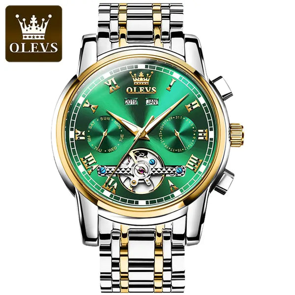 OLEVS 6607 Men's Luxury Automatic Mechanical Complete Calendar Luminous Watch - Two Tone Green Face