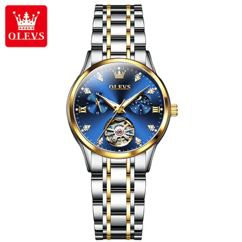 OLEVS 6608 Women's Luxury Automatic Mechanical Moon Phase Watch - Two Tone Blue Face