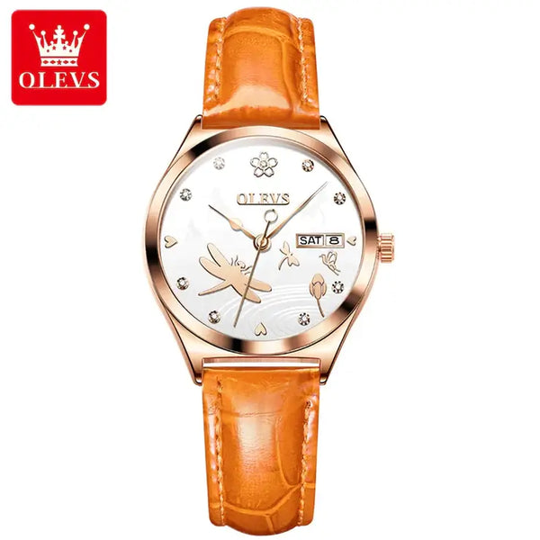 OLEVS 6611 Women's Luxury Automatic Mechanical Dragonfly Design Watch - White Face Orange Leather Strap