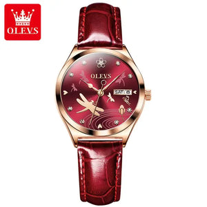 OLEVS 6611 Women's Luxury Automatic Mechanical Dragonfly Design Watch - Wine Red Face & Leather Strap 