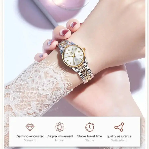 OLEVS 6635 Women's Luxury Automatic Mechanical Luminous Watch - Model Picture Two Tone White