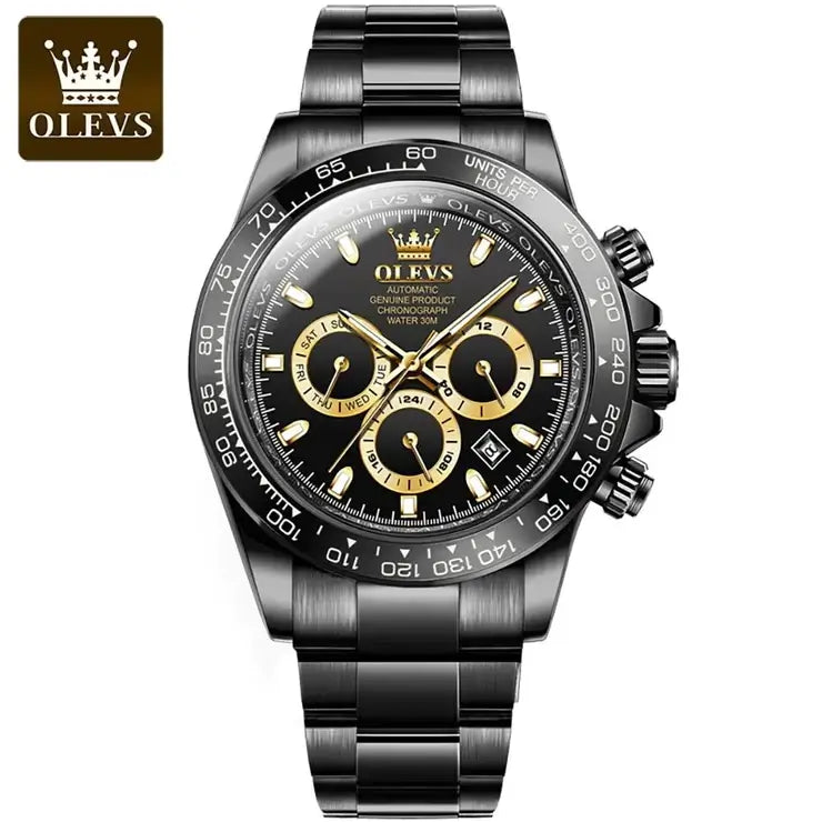 OLEVS 6638 Men's Luxury Automatic Mechanical Chronograph Luminous Watch - Full Black