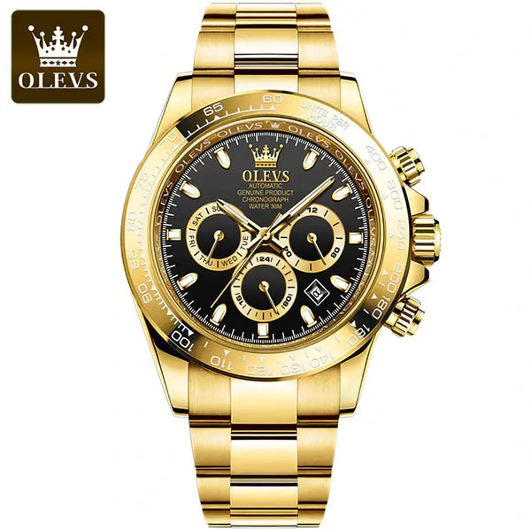 OLEVS 6638 Men's Luxury Automatic Mechanical Chronograph Luminous Watch - Gold Black Face