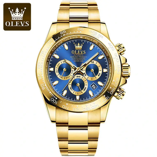 OLEVS 6638 Men's Luxury Automatic Mechanical Chronograph Luminous Watch - Gold Blue Face