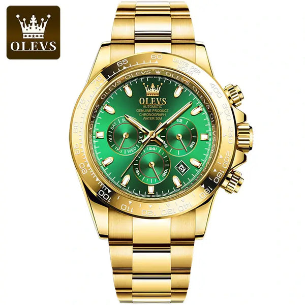 OLEVS 6638 Men's Luxury Automatic Mechanical Chronograph Luminous Watch - Gold Green Face