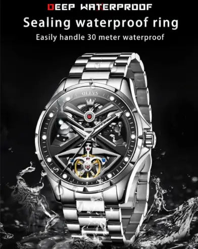 OLEVS 6655 Men's Luxury Automatic Mechanical Skeleton Flywheel Design Luminous Watch - 3ATM Waterproof