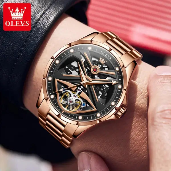 OLEVS 6655 Men's Luxury Automatic Mechanical Skeleton Flywheel Design Luminous Watch - Rose Gold Back Steel Strap