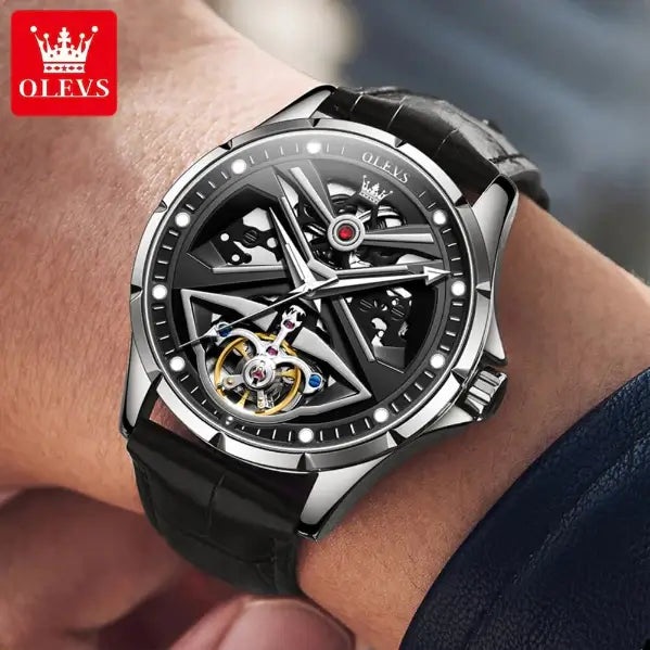 OLEVS 6655 Men's Luxury Automatic Mechanical Skeleton Flywheel Design Luminous Watch - Silver Black Leather Strap