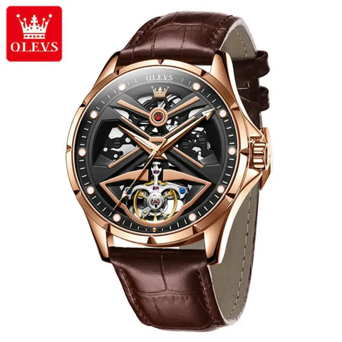OLEVS 6655 Men's Luxury Automatic Mechanical Skeleton Flywheel Design Luminous Watch - Rose Gold Black Brown Leather Strap
