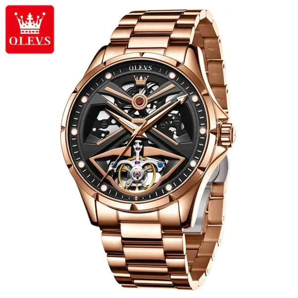 OLEVS 6655 Men's Luxury Automatic Mechanical Skeleton Flywheel Design Luminous Watch - Rose Gold Black Stainless Steel Strap