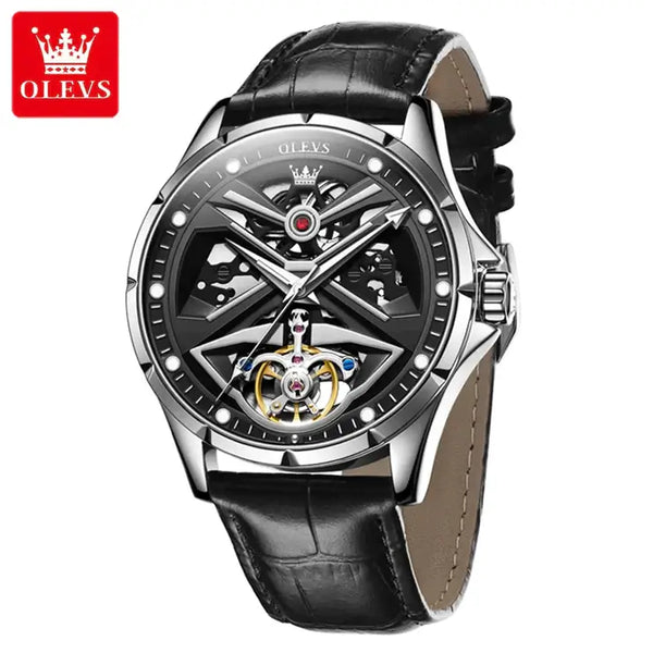 OLEVS 6655 Men's Luxury Automatic Mechanical Skeleton Flywheel Design Luminous Watch - Silver Black Black Leather Strap