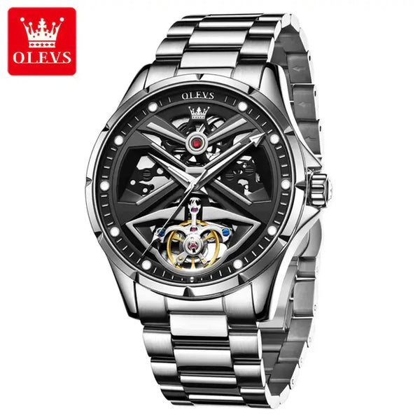 OLEVS 6655 Men's Luxury Automatic Mechanical Skeleton Flywheel Design Luminous Watch - Silver Black Stainless Steel Strap