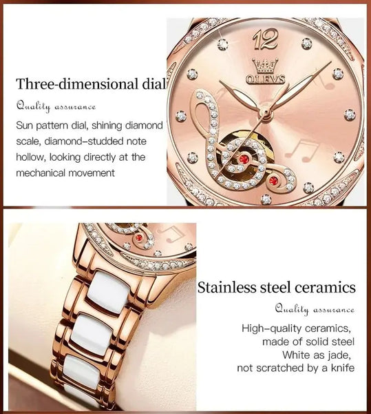 OLEVS 6656 Women's Luxury Automatic Mechanical Musical Symbols Design Luminous Watch - Features